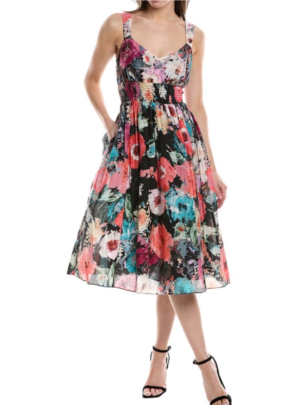 Marchesa Notte Betony Black Floral Silk Blend Midi Tea Dress Empire Waist Medium